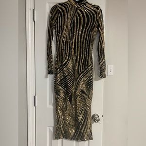 Black and Gold sequins bodycon midi dress — long sleeves and high neck